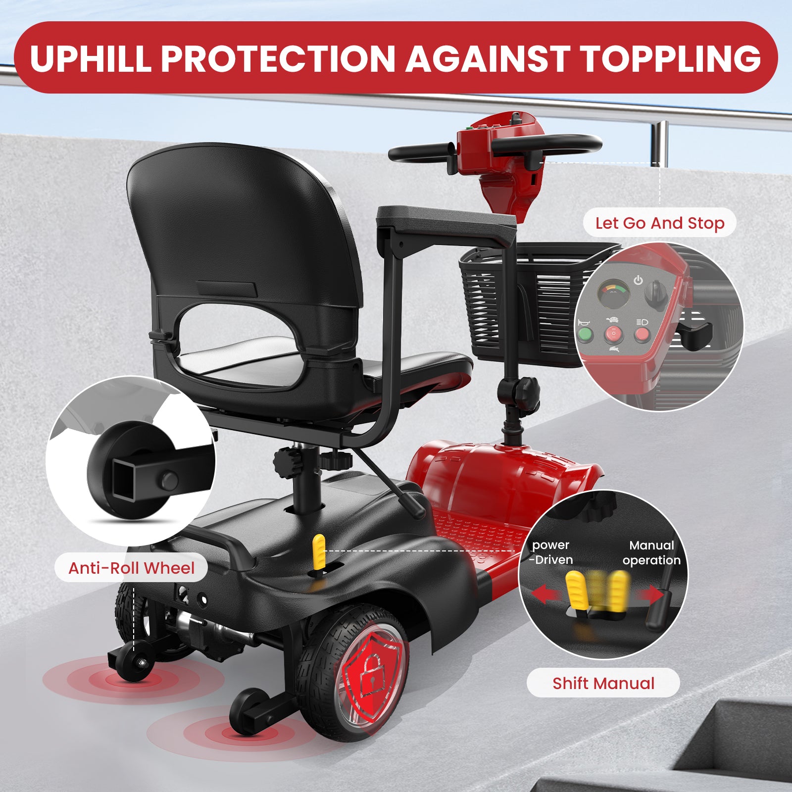 4 Wheels Mobility Scooter for Adults and Seniors with LED Headlight, 15 Miles Long Range Wheelchair Device, Powered Mobility Scooters with Detachable Basket