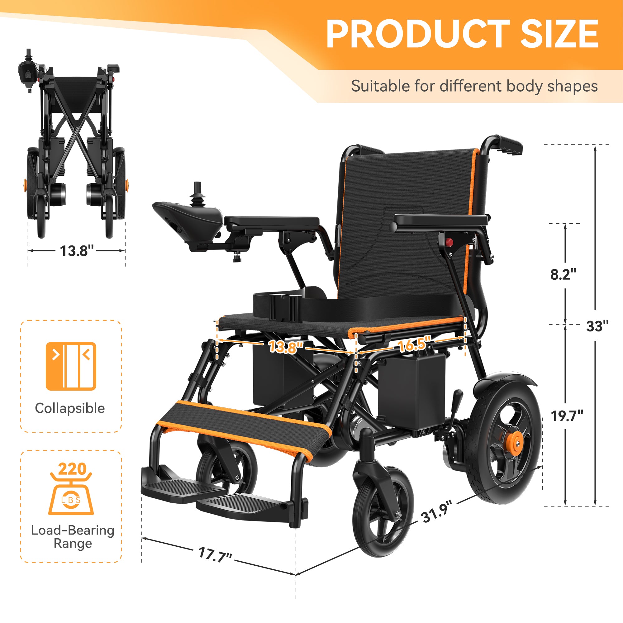 B02 folding power wheelchair with handbrake and footrest, 300 lbs weight capacity