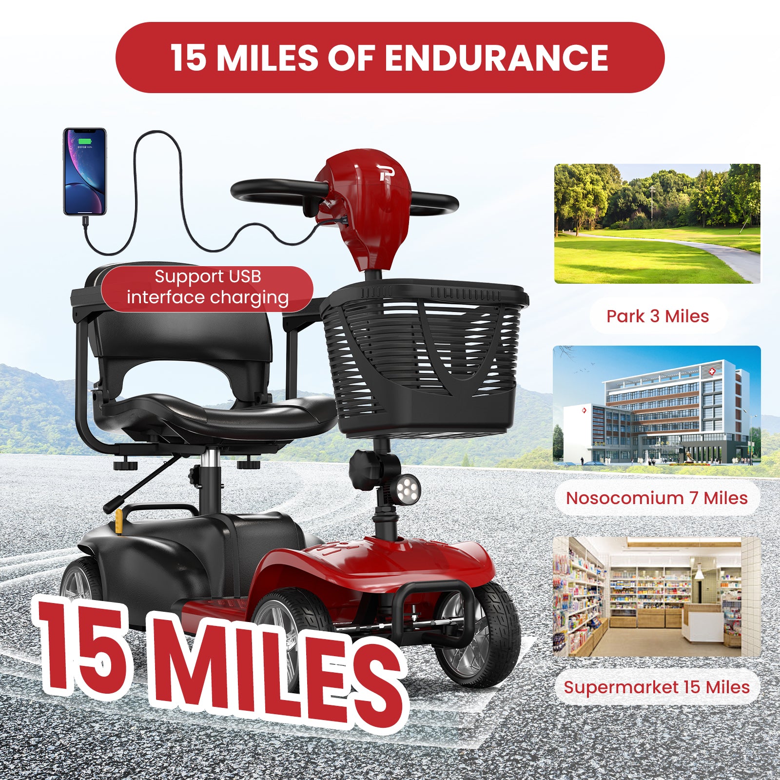 4 Wheels Mobility Scooter for Adults and Seniors with LED Headlight, 15 Miles Long Range Wheelchair Device, Powered Mobility Scooters with Detachable Basket