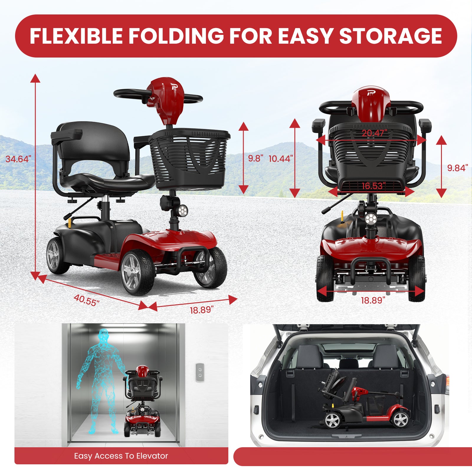 4 Wheels Mobility Scooter for Adults and Seniors with LED Headlight, 15 Miles Long Range Wheelchair Device, Powered Mobility Scooters with Detachable Basket
