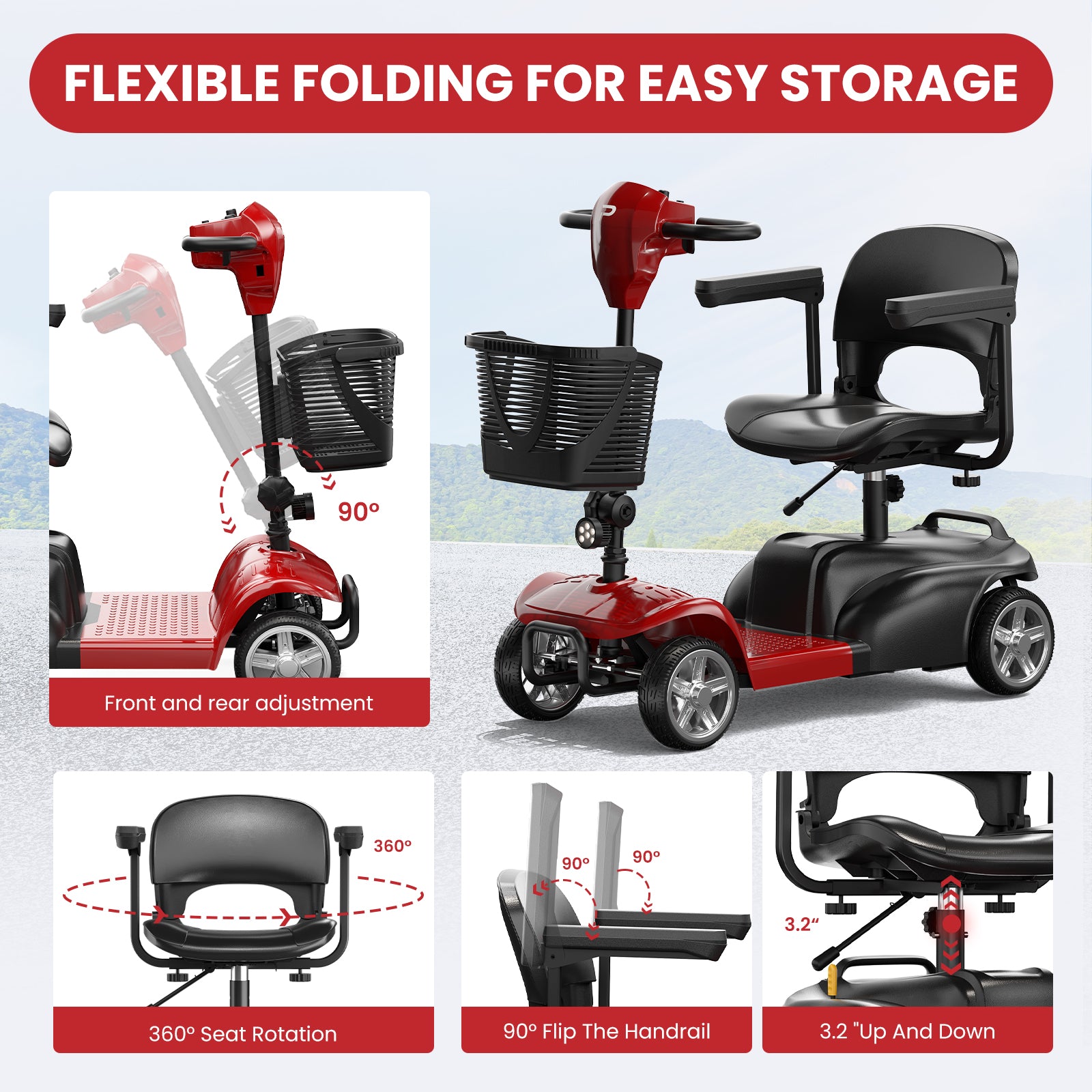 4 Wheels Mobility Scooter for Adults and Seniors with LED Headlight, 15 Miles Long Range Wheelchair Device, Powered Mobility Scooters with Detachable Basket