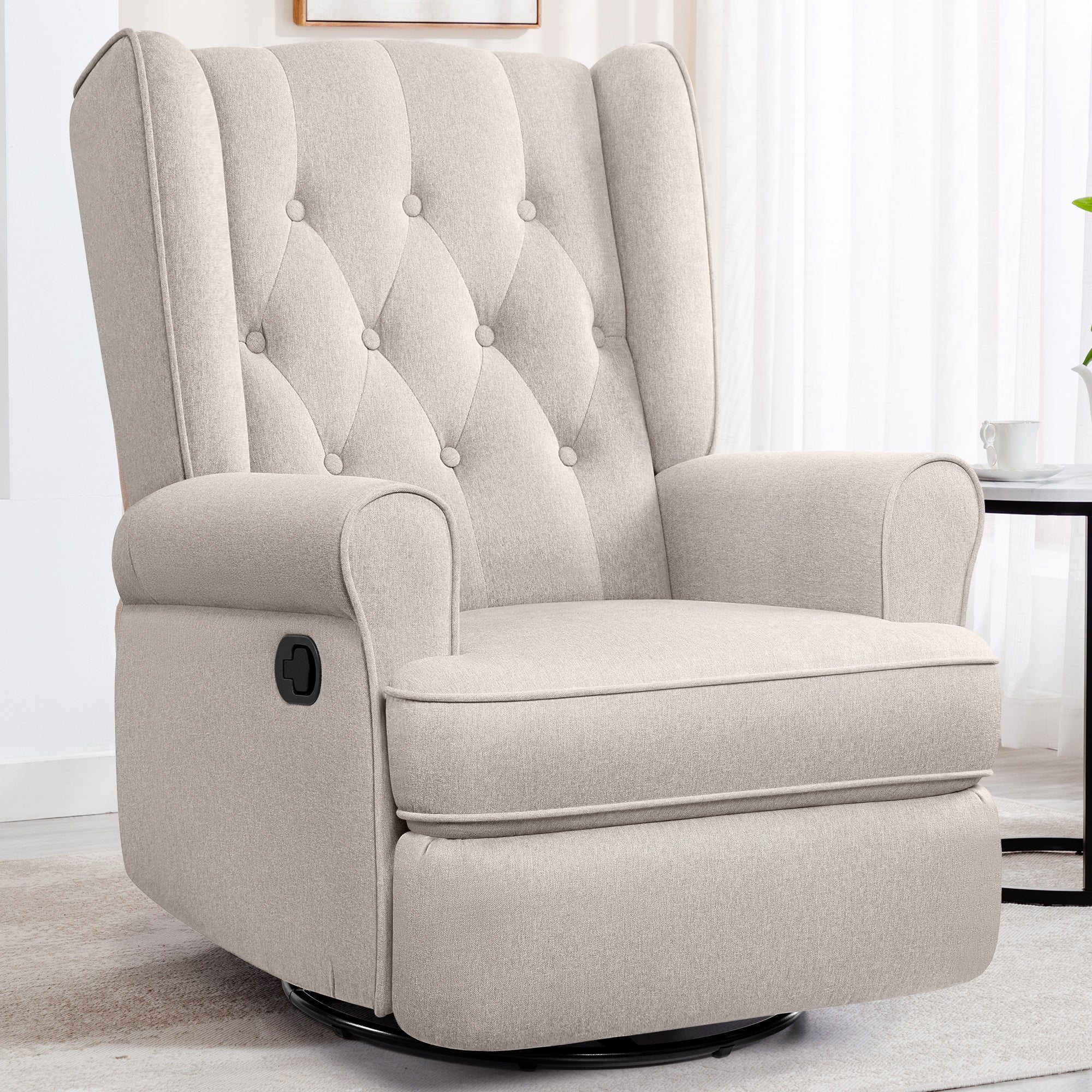 Recliner Chair 360 Swivel Glider, Rocking Living Room Chair Ergonomic Lounge Chair with Arm and Decorative Buttons, Modern Accent Classic Single Sofa for Reading,Nursery,Bedroom (Beige)