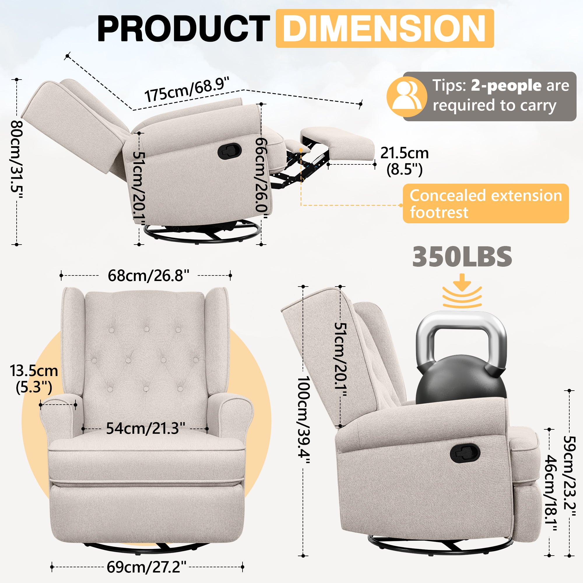 Recliner Chair 360 Swivel Glider, Rocking Living Room Chair Ergonomic Lounge Chair with Arm and Decorative Buttons, Modern Accent Classic Single Sofa for Reading,Nursery,Bedroom (Beige)