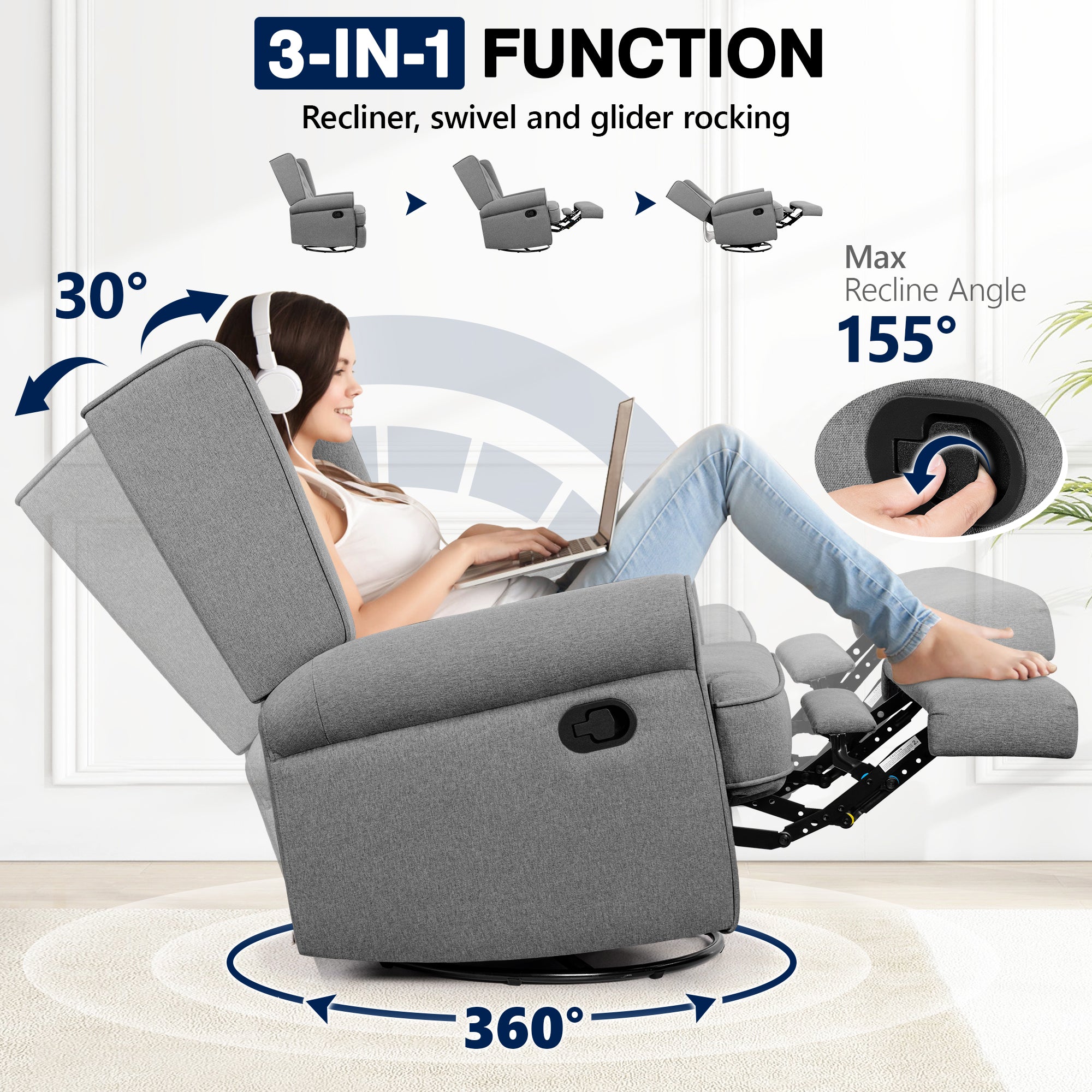 Recliner Chair 360 Swivel Glider, Rocking Living Room Chair Ergonomic Lounge Chair with Arm and Decorative Buttons, Modern Accent Classic Single Sofa for Reading,Nursery,Bedroom (Gray)