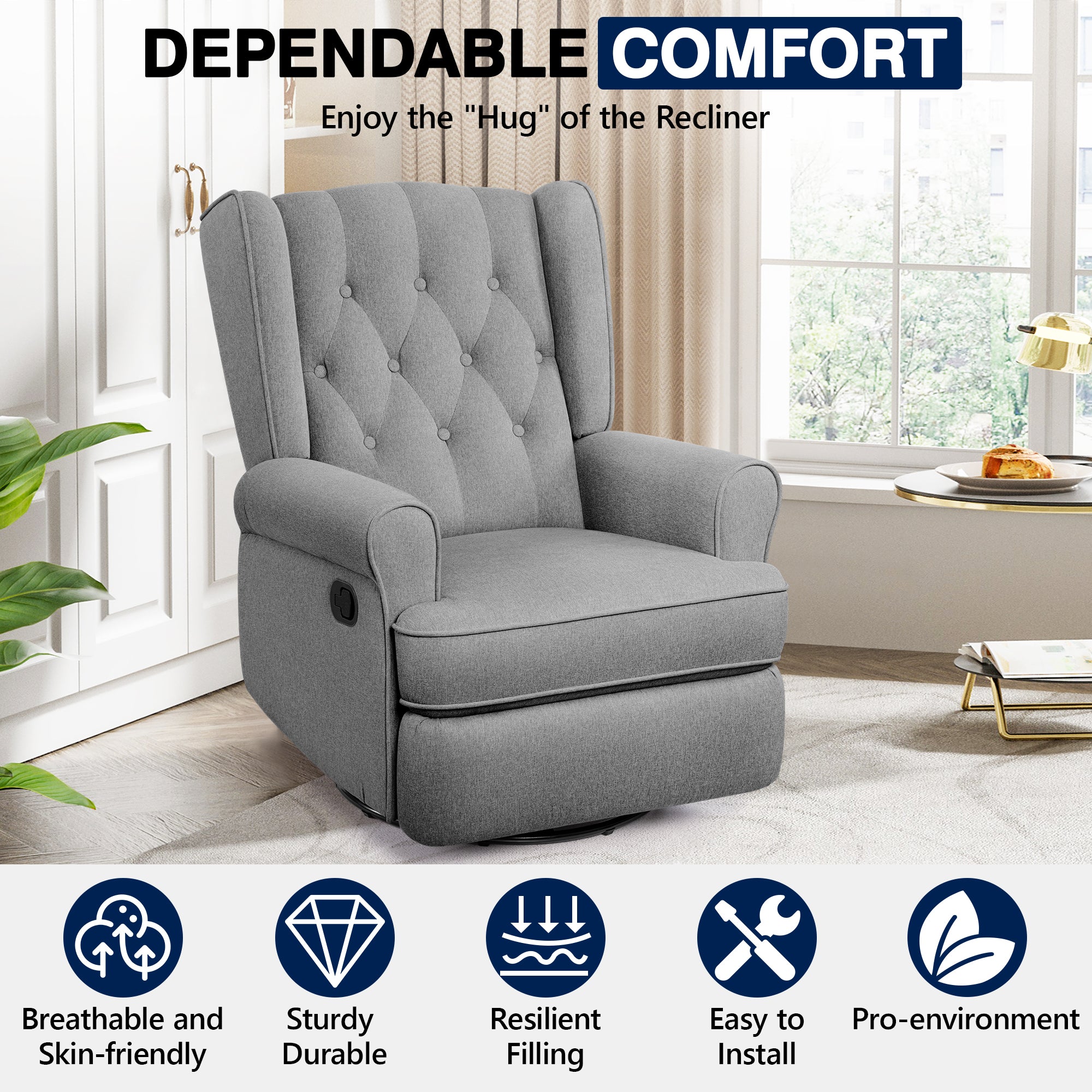 Recliner Chair 360 Swivel Glider, Rocking Living Room Chair Ergonomic Lounge Chair with Arm and Decorative Buttons, Modern Accent Classic Single Sofa for Reading,Nursery,Bedroom (Gray)