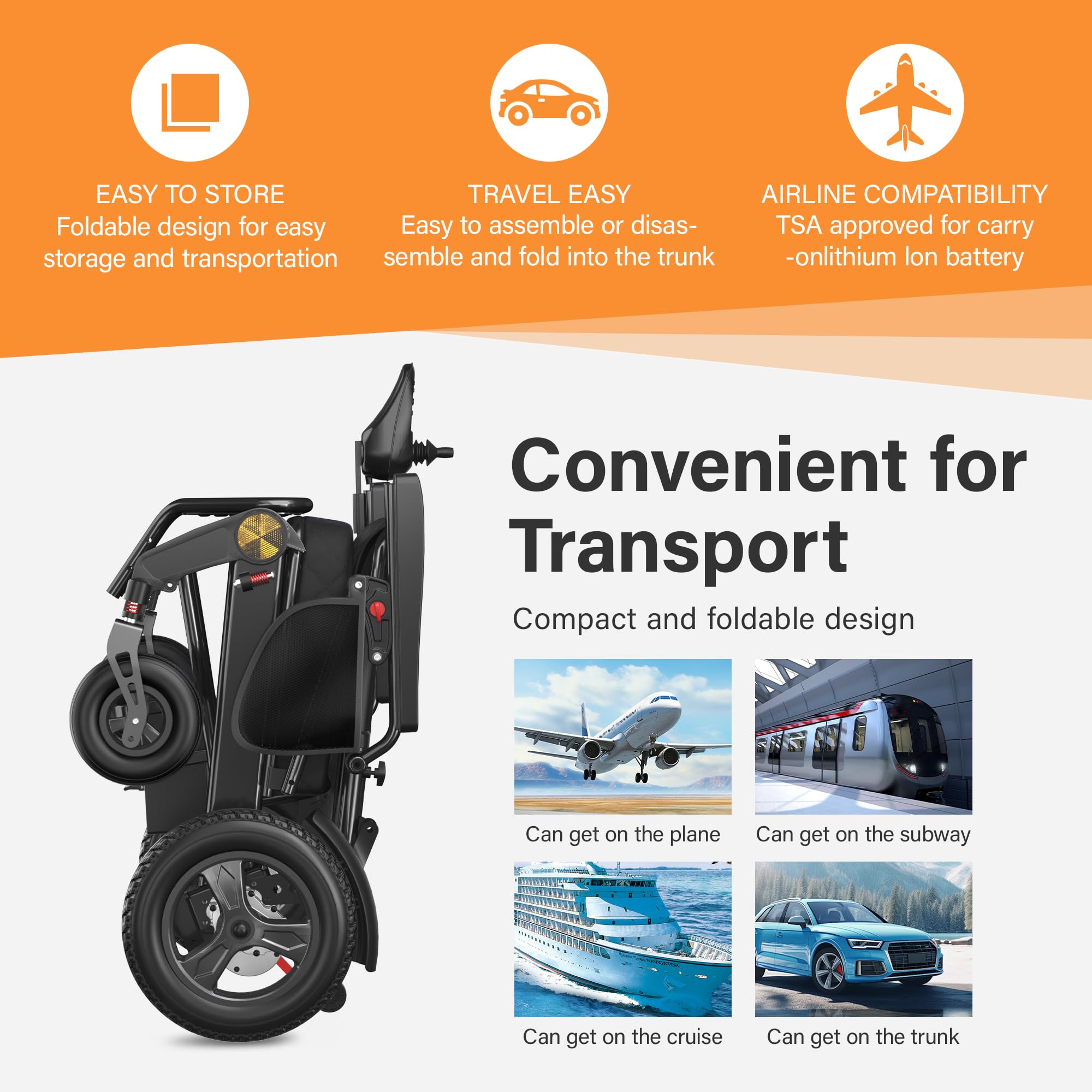 Reinforced Frame 350LBS Weight Capacity Foldable Electric Wheelchair, 16+ Miles Long Range, Thickened Seat Cushion & Removable Lithium Battery, EABS Brake System