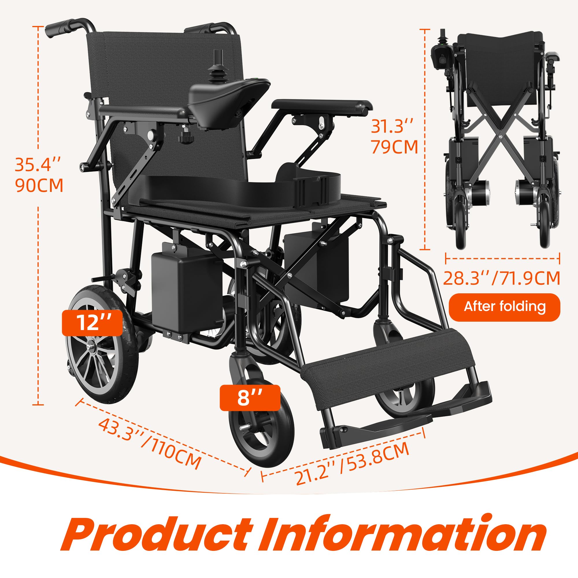 Foldable Power Wheelchair for Home and Travel,15 Miles Long Travel Range, All Terrain Motorized Wheelchair for Seniors Portable