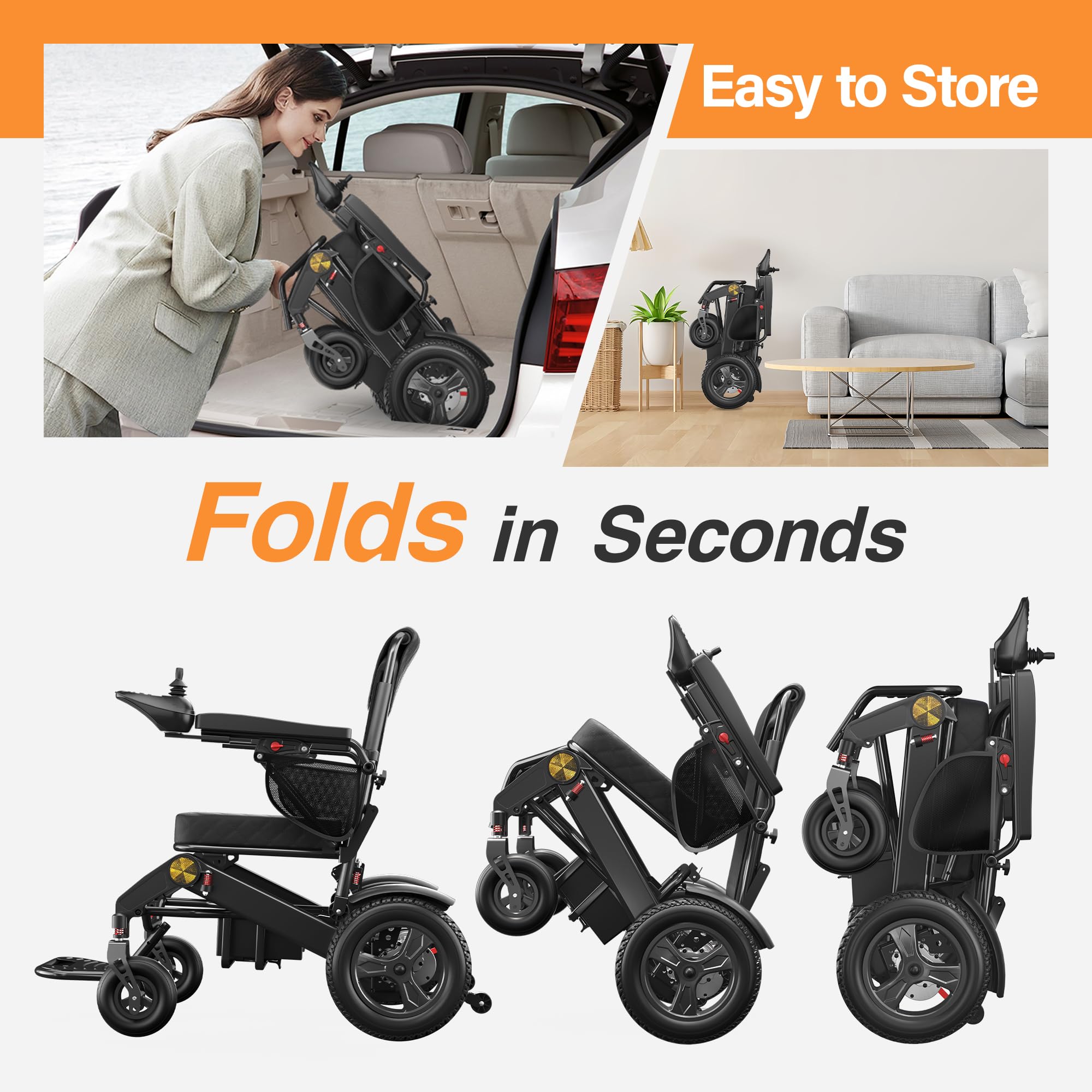 Reinforced Frame 350LBS Weight Capacity Foldable Electric Wheelchair, 16+ Miles Long Range, Thickened Seat Cushion & Removable Lithium Battery, EABS Brake System