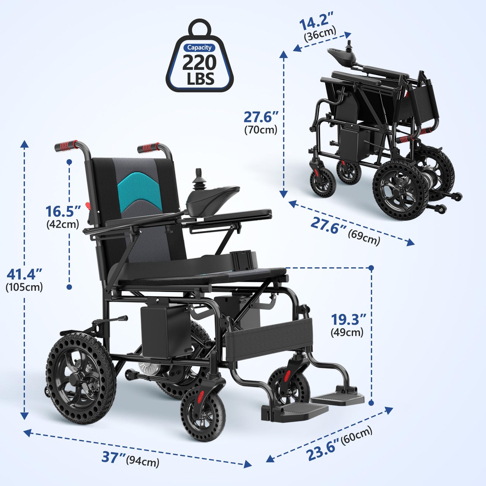 Portable Electric Wheelchair with Aluminum frame Lithium Batteries, Lightweight Only 40lbs, Compact Motorized Wheelchair for Seniors, All Terrain Power Wheelchair for Adults, Airline Approval