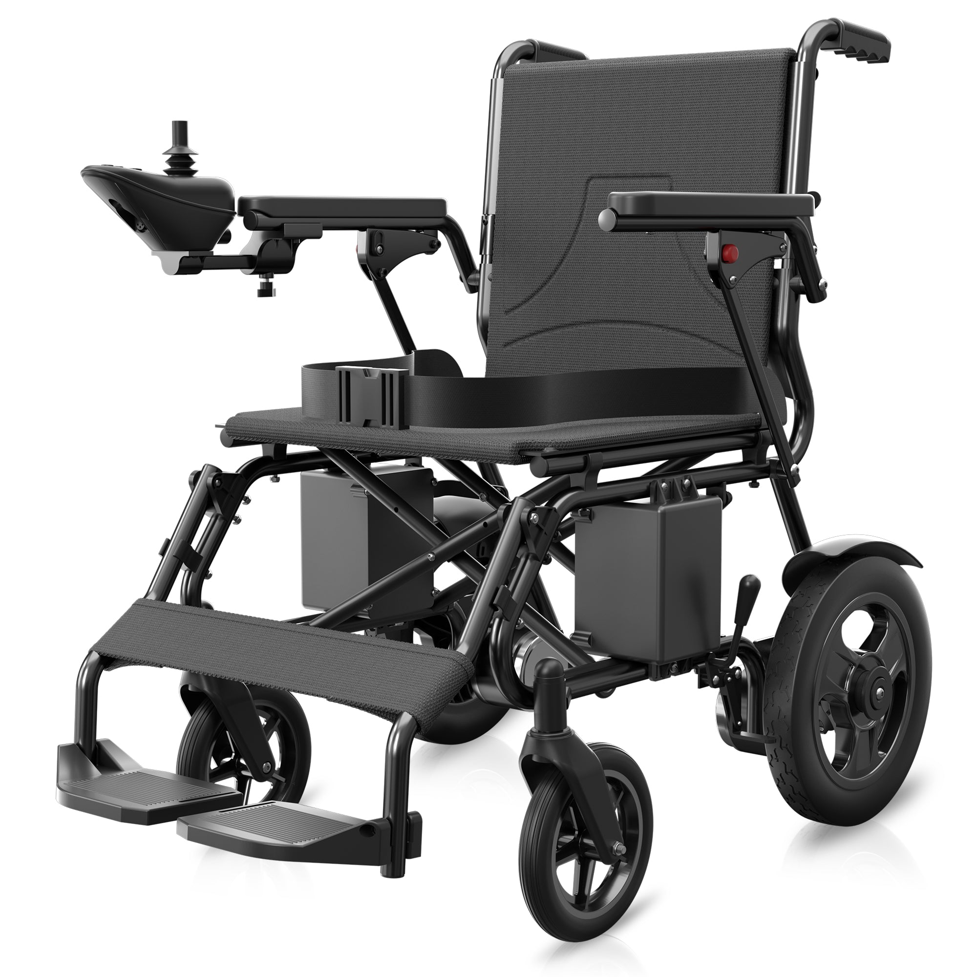 Ultra-lightweight folding power wheelchair with handbrake and footrest, 300 lbs. weight capacity