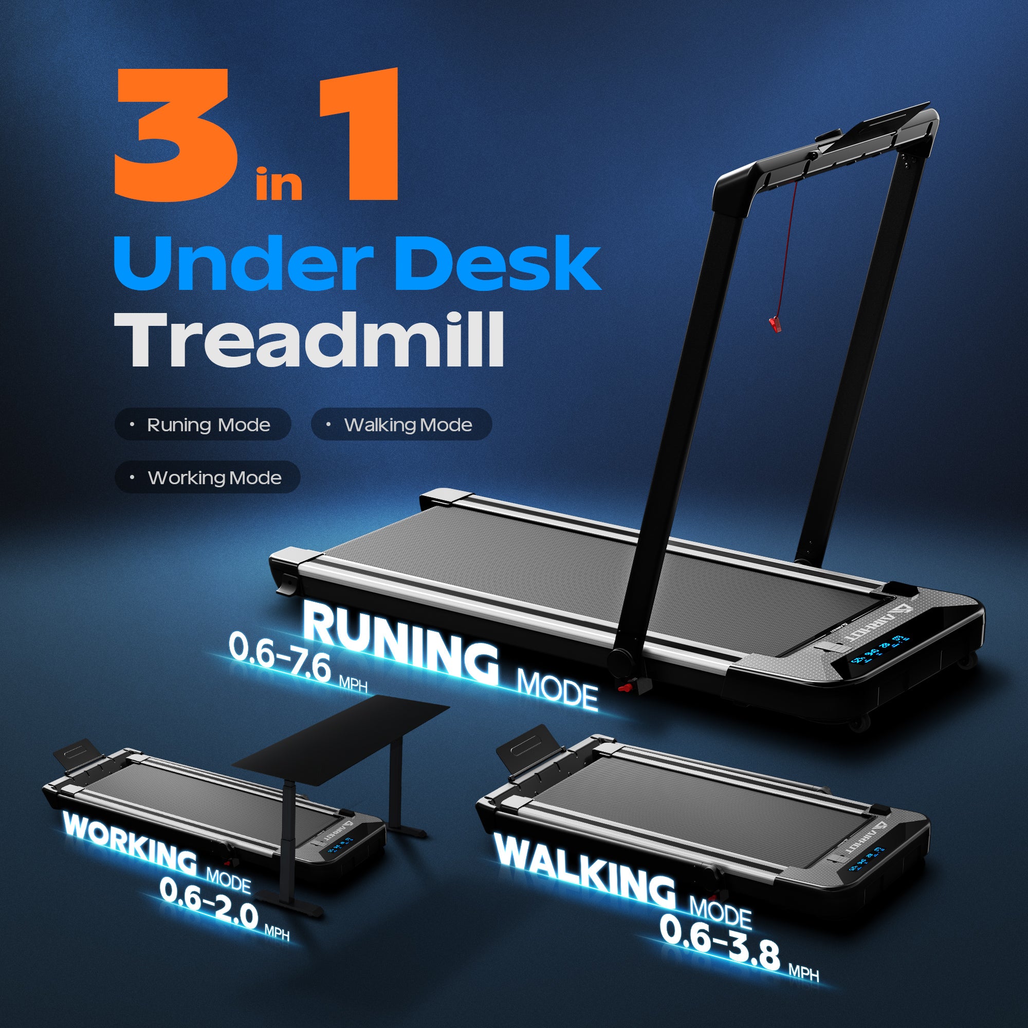 AIRHOT TT300 Under Desk Treadmill, Walking Pad 3 in 1 Folding Treadmill