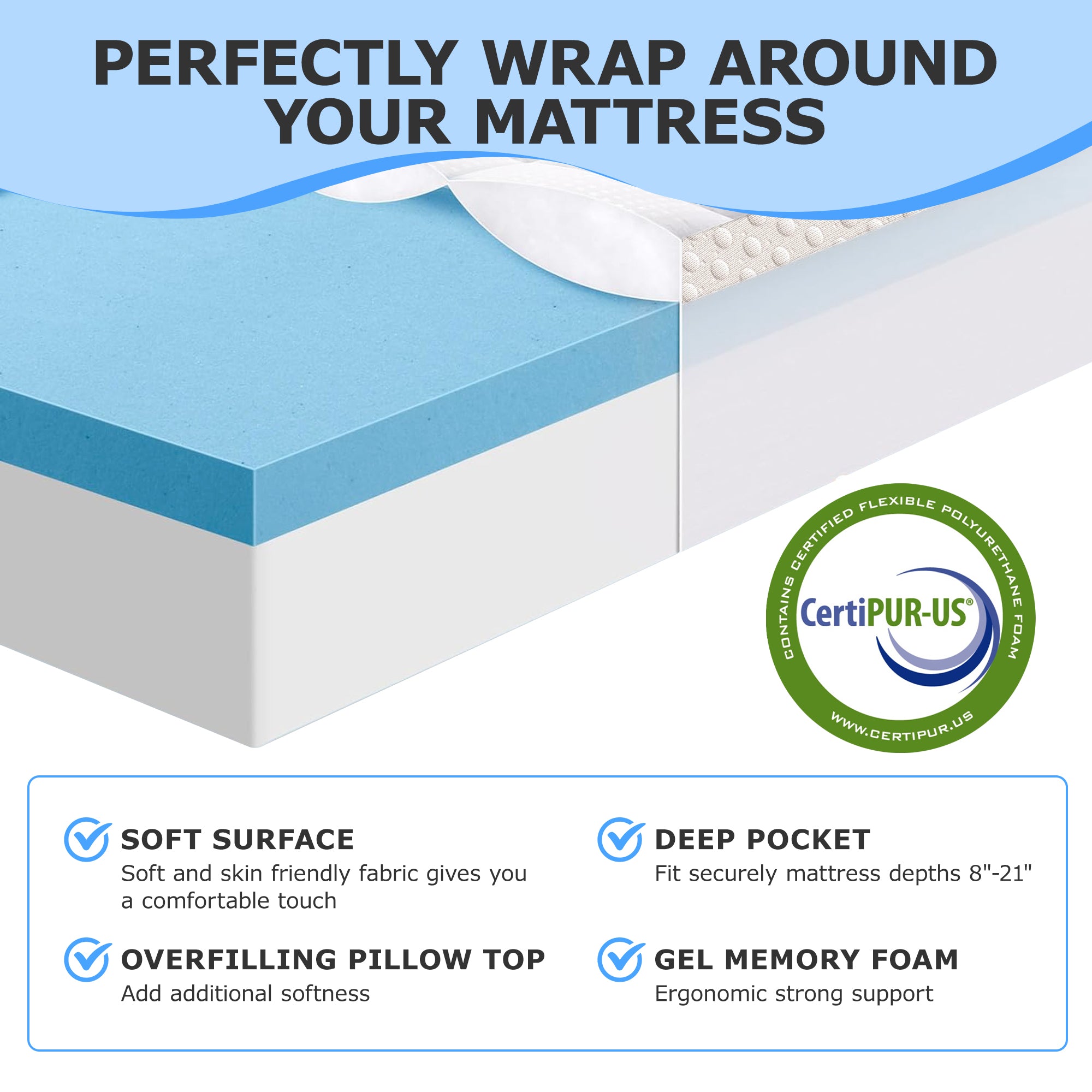 AIRHOT Dual Layer 3 Inch Memory Foam Mattress Topper, 2 Inch Gel Memory Foam and 1 Inch Cooling Pillow Top Mattress Pad Cover