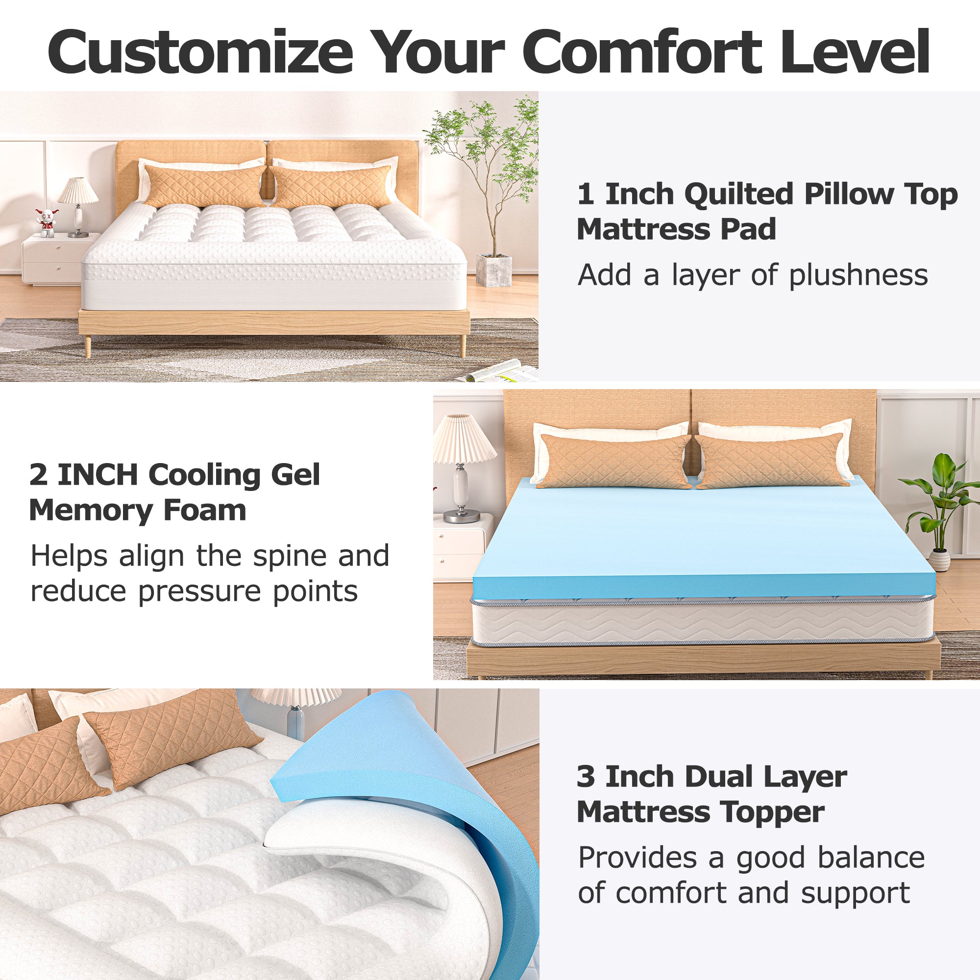 AIRHOT Dual Layer 3 Inch Memory Foam Mattress Topper, 2 Inch Gel Memory Foam and 1 Inch Cooling Pillow Top Mattress Pad Cover