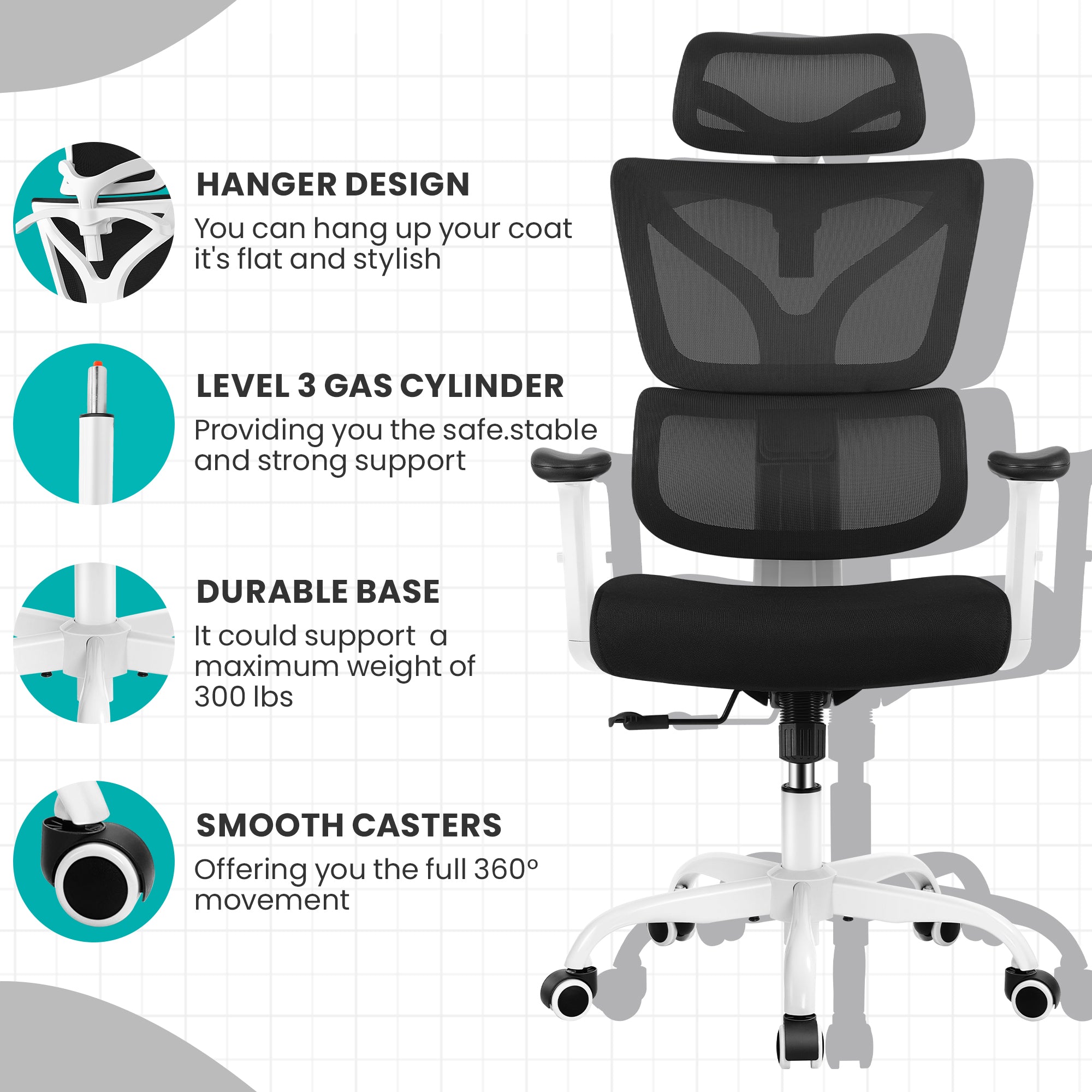 Ergonomic Office Chair with Reclining Function, Adjustable Armrests, and High-Density Sponge Support