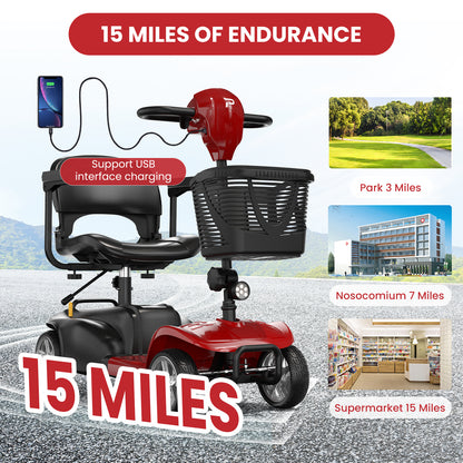 4 Wheels Mobility Scooter for Adults and Seniors with LED Headlight, 15 Miles Long Range Wheelchair Device,  Powered Mobility Scooters with Detachable Basket