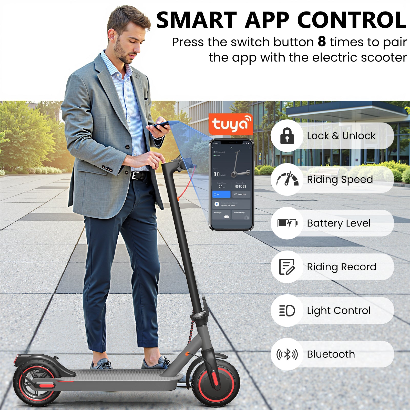 Electric Scooter for Adults, Aluminum Frame 19MPH & 20° Hill Climb, 15-21 Mile Range with Cruise Control, Dual Braking System & 8.5" Solid Tires, 300LB Bearing Foldable Commuter Scooter for Teen Adult