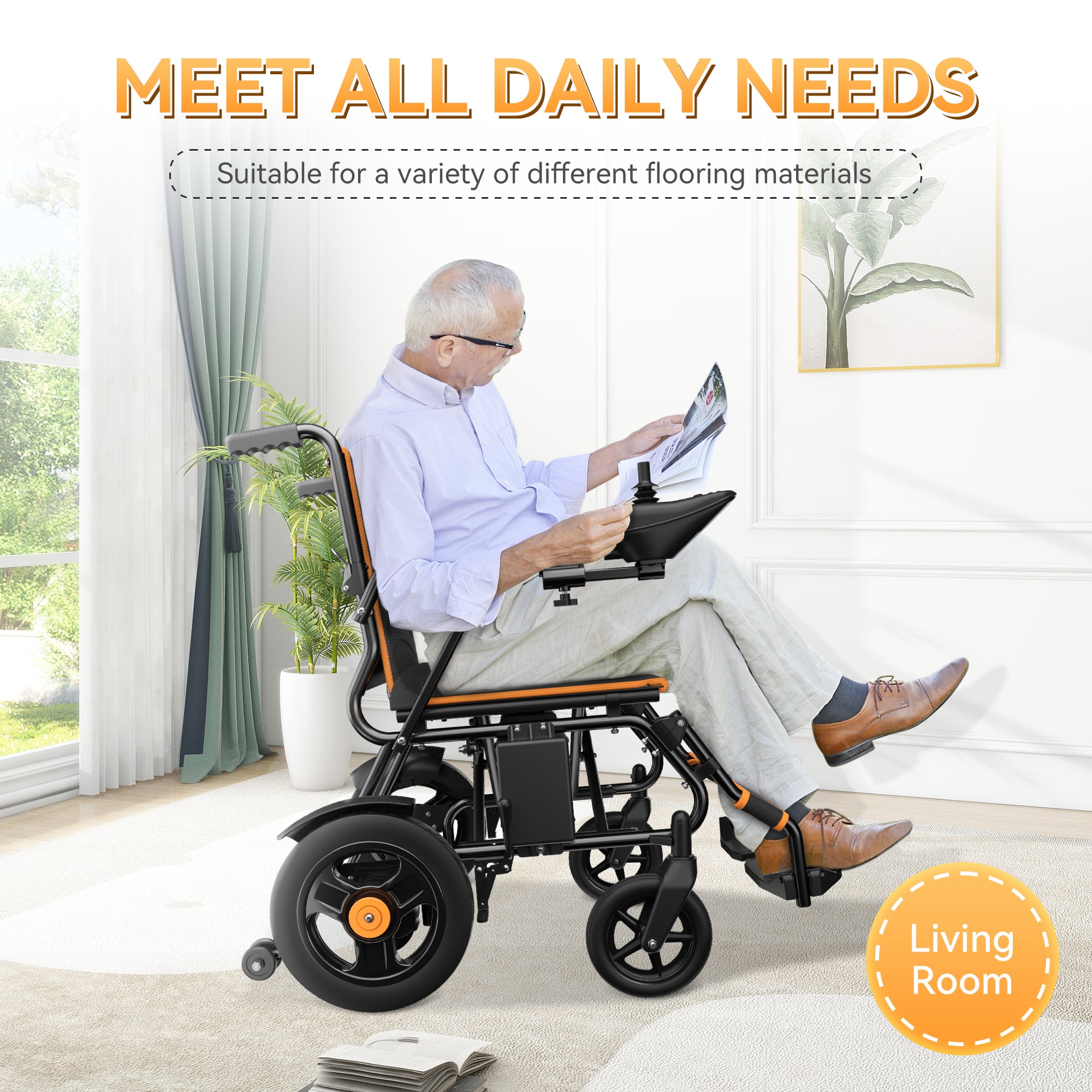 Ultra-lightweight folding power wheelchair with handbrake and footrest, 300 lbs. weight capacity