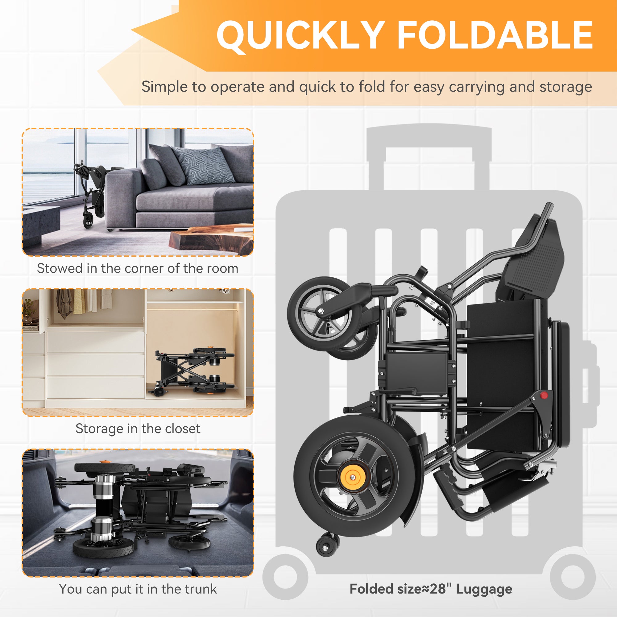 Ultra-lightweight folding power wheelchair with handbrake and footrest, 300 lbs. weight capacity