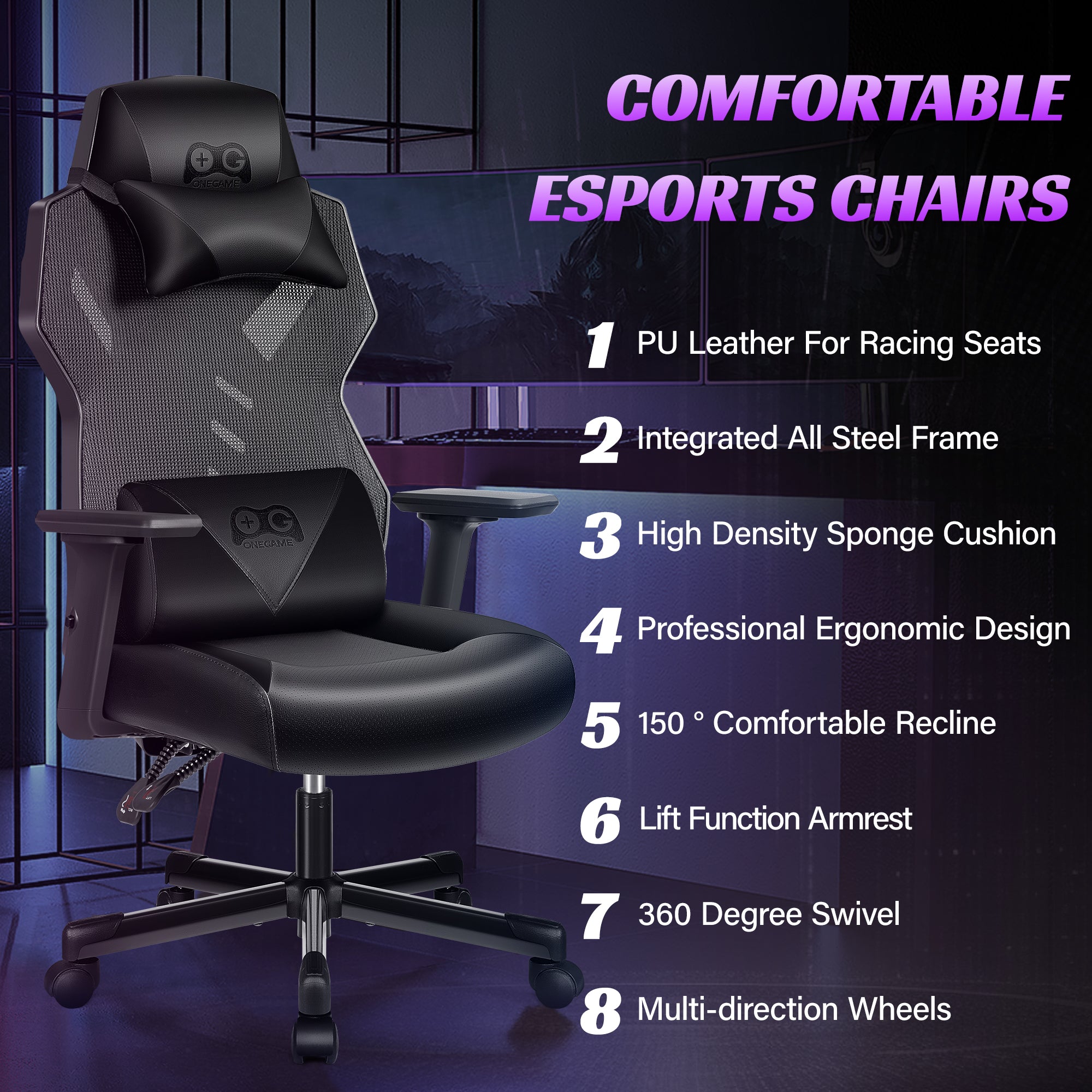 Breathable Racing Style Gaming Chair, Adjustable Backrest, Ergonomic Swivel PC Chair with Lumbar Support