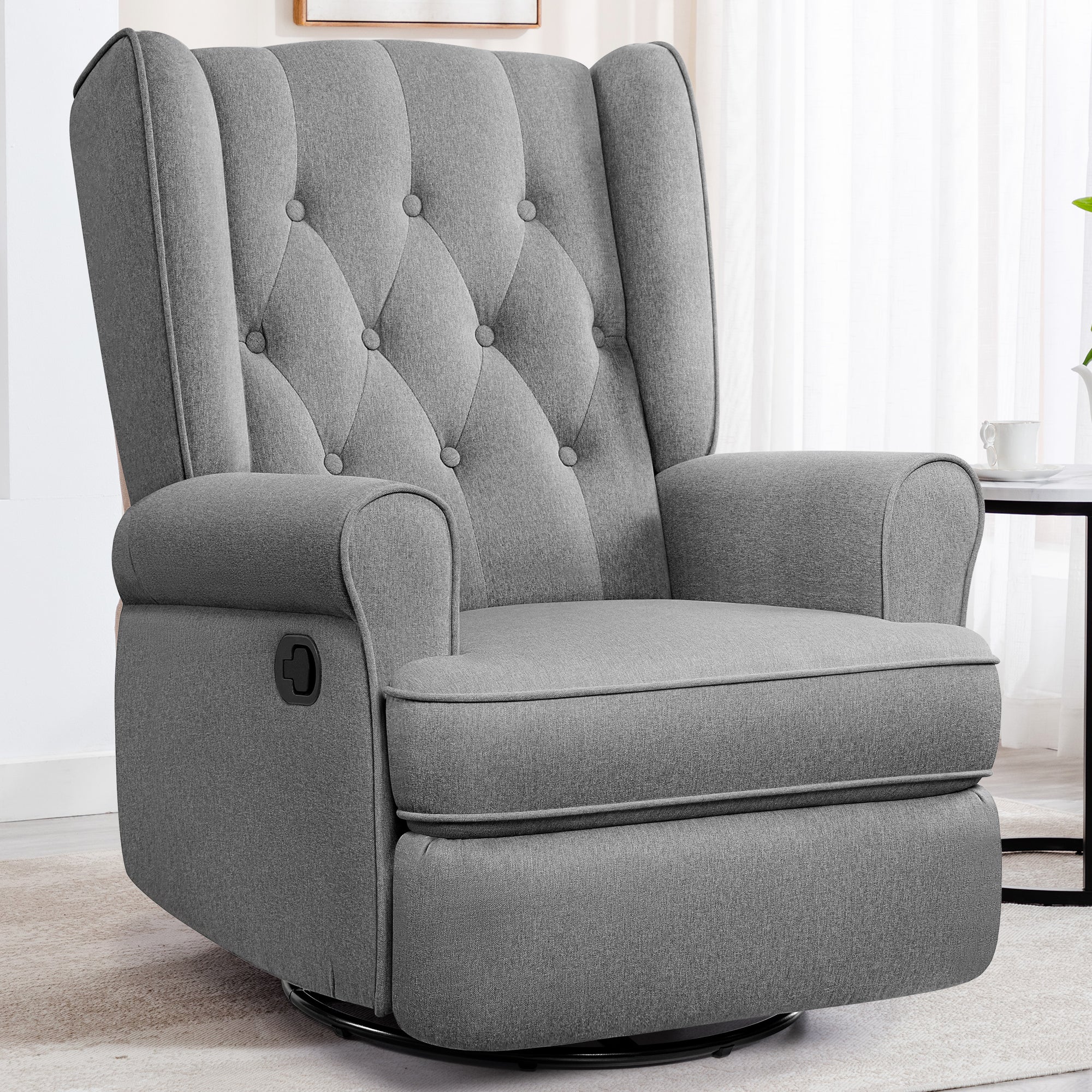 Recliner Chair 360 Swivel Glider, Rocking Living Room Chair Ergonomic Lounge Chair with Arm and Decorative Buttons, Modern Accent Classic Single Sofa for Reading,Nursery,Bedroom (Gray)