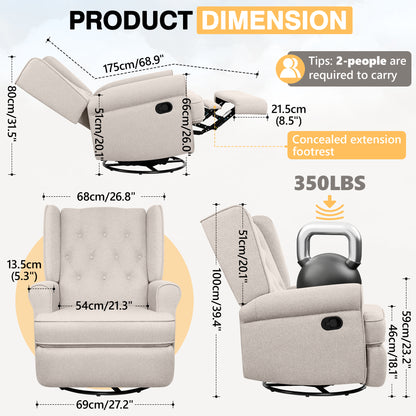Recliner Chair 360 Swivel Glider, Rocking Living Room Chair Ergonomic Lounge Chair with Arm and Decorative Buttons, Modern Accent Classic Single Sofa for Reading,Nursery,Bedroom (Beige)
