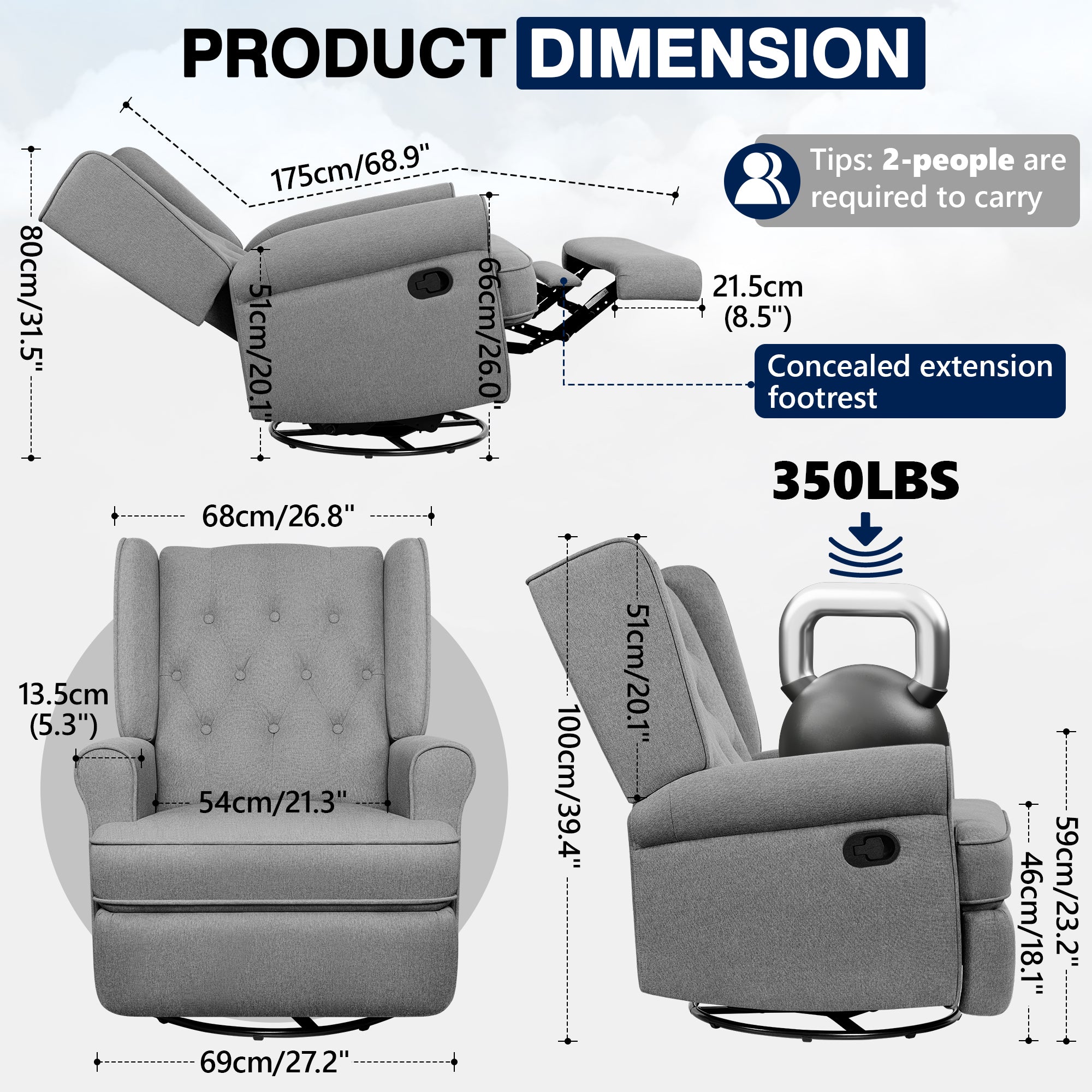 Recliner Chair 360 Swivel Glider, Rocking Living Room Chair Ergonomic Lounge Chair with Arm and Decorative Buttons, Modern Accent Classic Single Sofa for Reading,Nursery,Bedroom (Gray)