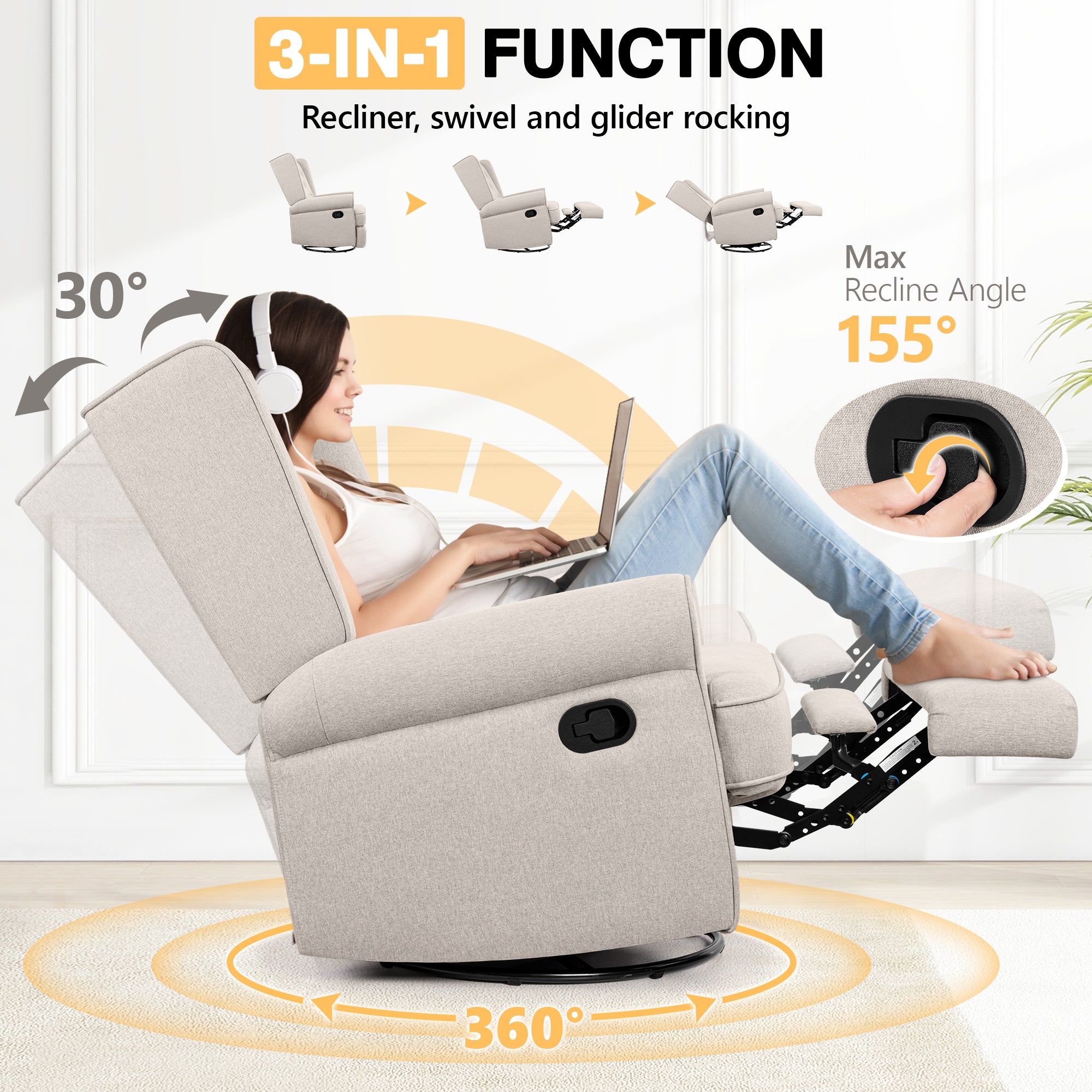 Recliner Chair 360 Swivel Glider, Rocking Living Room Chair Ergonomic Lounge Chair with Arm and Decorative Buttons, Modern Accent Classic Single Sofa for Reading,Nursery,Bedroom (Beige)