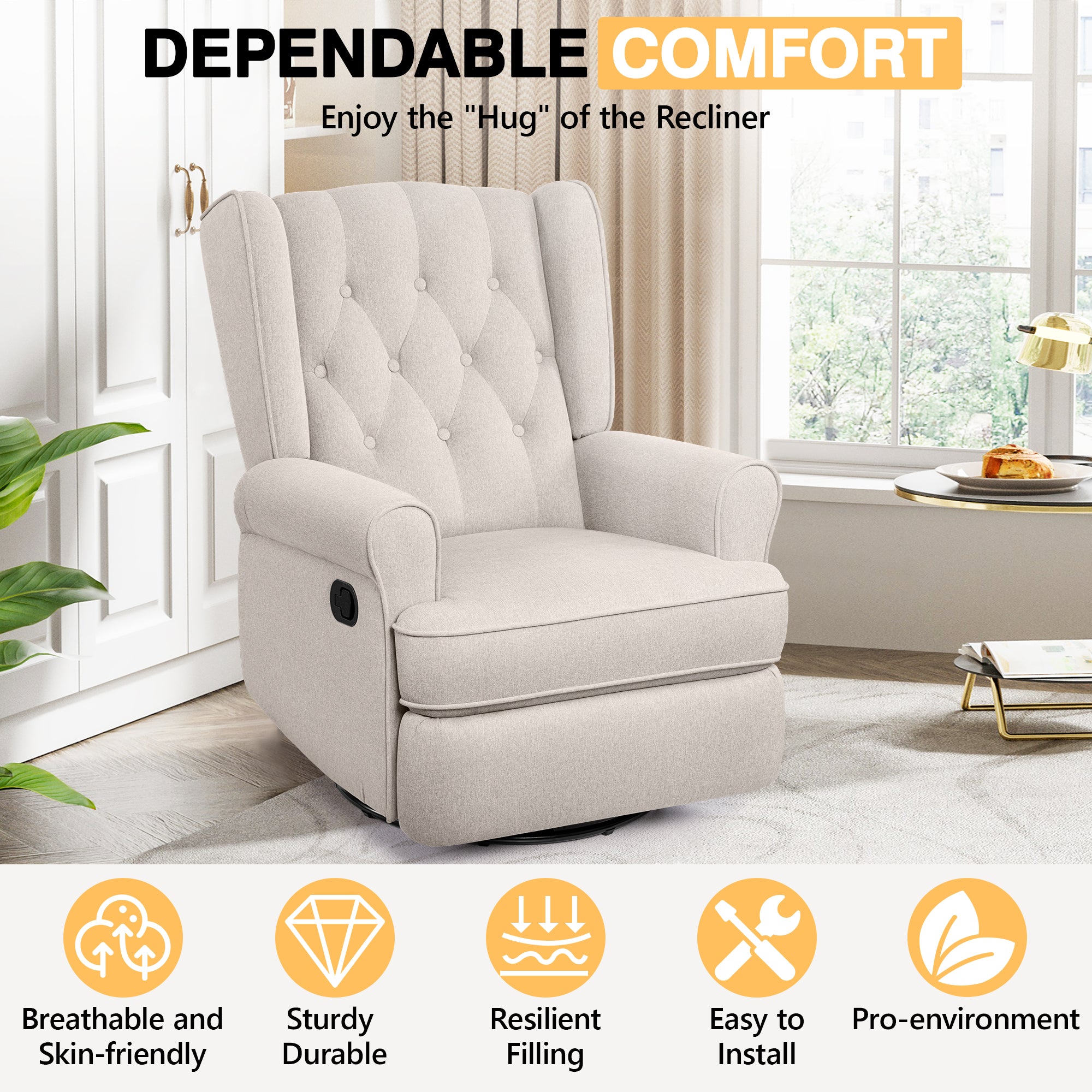 Recliner Chair 360 Swivel Glider, Rocking Living Room Chair Ergonomic Lounge Chair with Arm and Decorative Buttons, Modern Accent Classic Single Sofa for Reading,Nursery,Bedroom (Beige)
