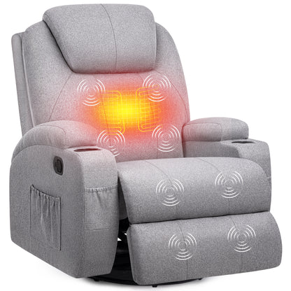 Rocking Recliner Chair, 360°Swivel Glider Chair for Adults, Recliner Chair with Massage and Heat, Reclining Nursery Single Sofa with Remote Cup Holders Side Pockets for Living Room, Bedroom, Light Gray