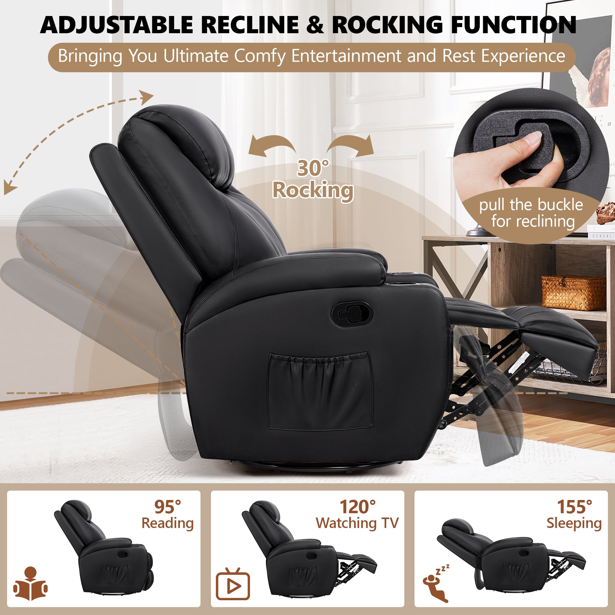 Rocking Recliner Chair, 360°Swivel Glider Chair for Adults, Recliner Chair with Massage and Heat, Reclining Nursery Single Sofa with Remote Cup Holders Side Pockets for Living Room, Bedroom, Black