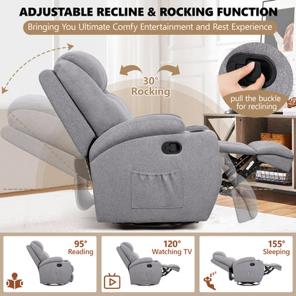 Rocking Recliner Chair, 360°Swivel Glider Chair for Adults, Recliner Chair with Massage and Heat, Reclining Nursery Single Sofa with Remote Cup Holders Side Pockets for Living Room, Bedroom, Light Gray