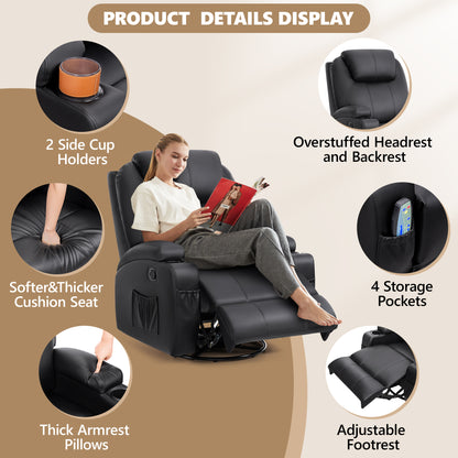 Rocking Recliner Chair, 360°Swivel Glider Chair for Adults, Recliner Chair with Massage and Heat, Reclining Nursery Single Sofa with Remote Cup Holders Side Pockets for Living Room, Bedroom, Black