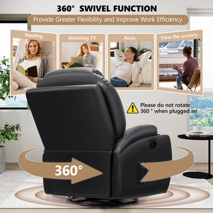 Rocking Recliner Chair, 360°Swivel Glider Chair for Adults, Recliner Chair with Massage and Heat, Reclining Nursery Single Sofa with Remote Cup Holders Side Pockets for Living Room, Bedroom, Black