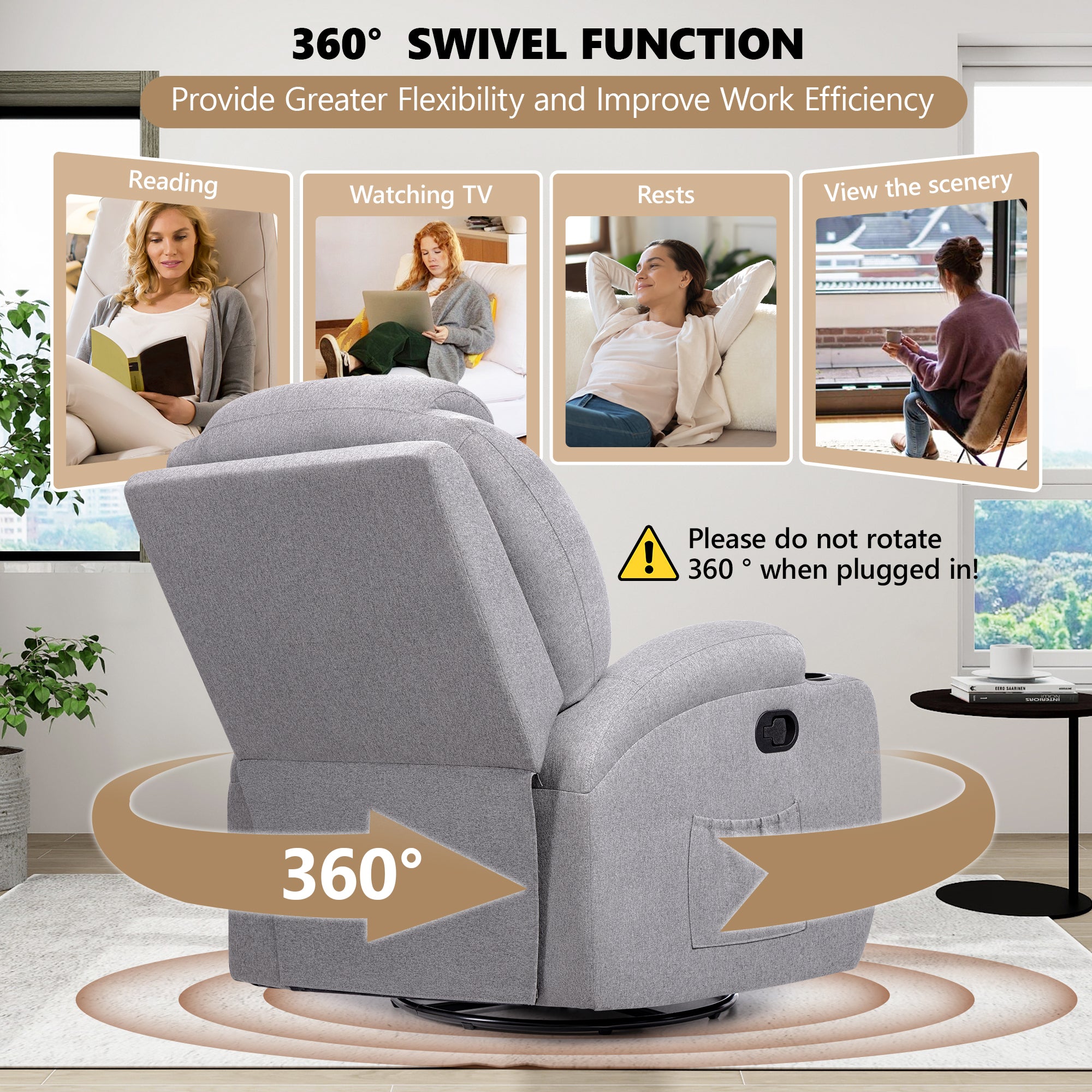 Rocking Recliner Chair, 360°Swivel Glider Chair for Adults, Recliner Chair with Massage and Heat, Reclining Nursery Single Sofa with Remote Cup Holders Side Pockets for Living Room, Bedroom, Light Gray