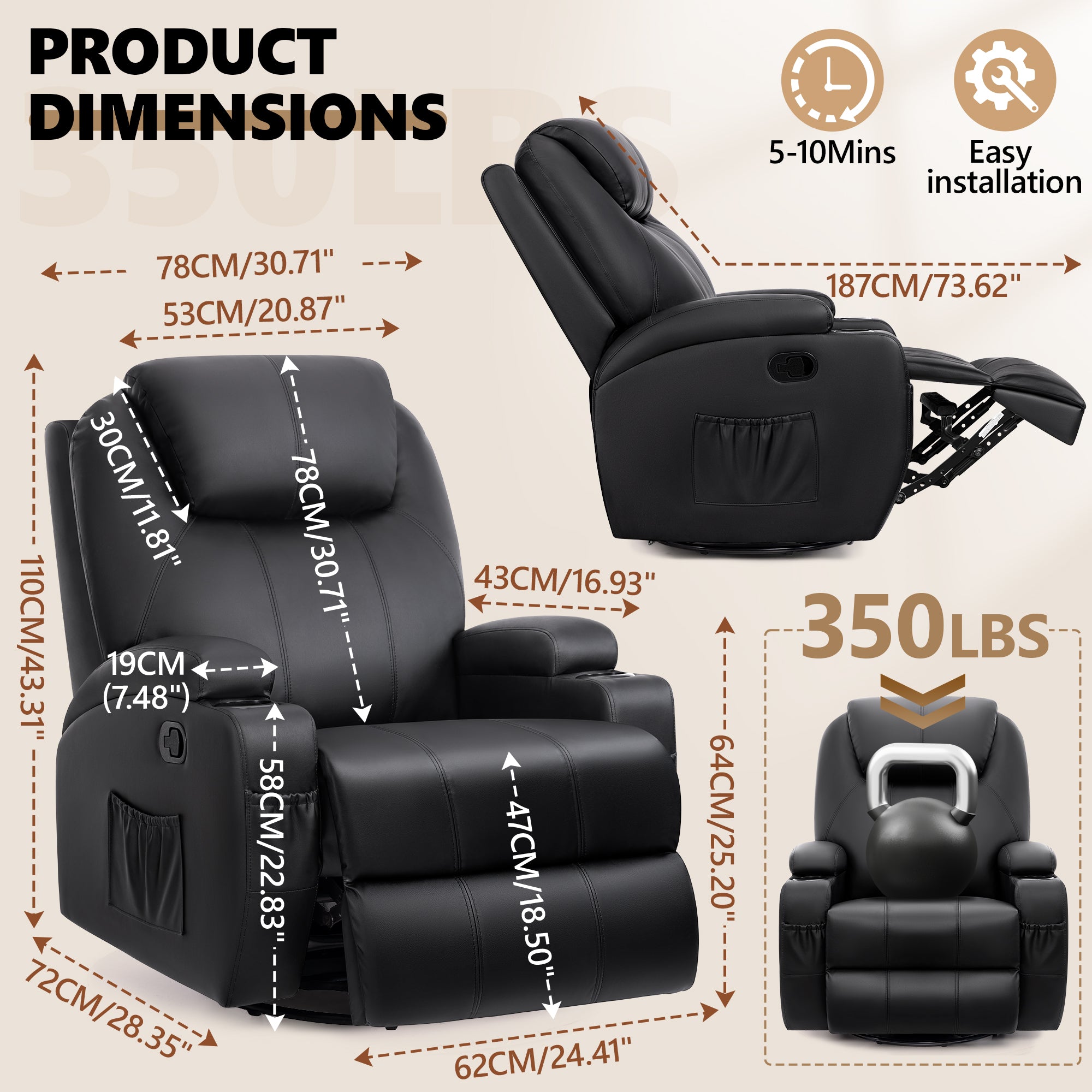 Rocking Recliner Chair, 360°Swivel Glider Chair for Adults, Recliner Chair with Massage and Heat, Reclining Nursery Single Sofa with Remote Cup Holders Side Pockets for Living Room, Bedroom, Black