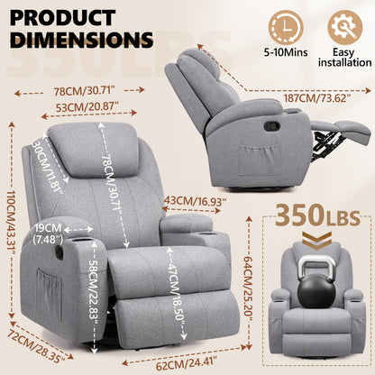 Rocking Recliner Chair, 360°Swivel Glider Chair for Adults, Recliner Chair with Massage and Heat, Reclining Nursery Single Sofa with Remote Cup Holders Side Pockets for Living Room, Bedroom, Light Gray